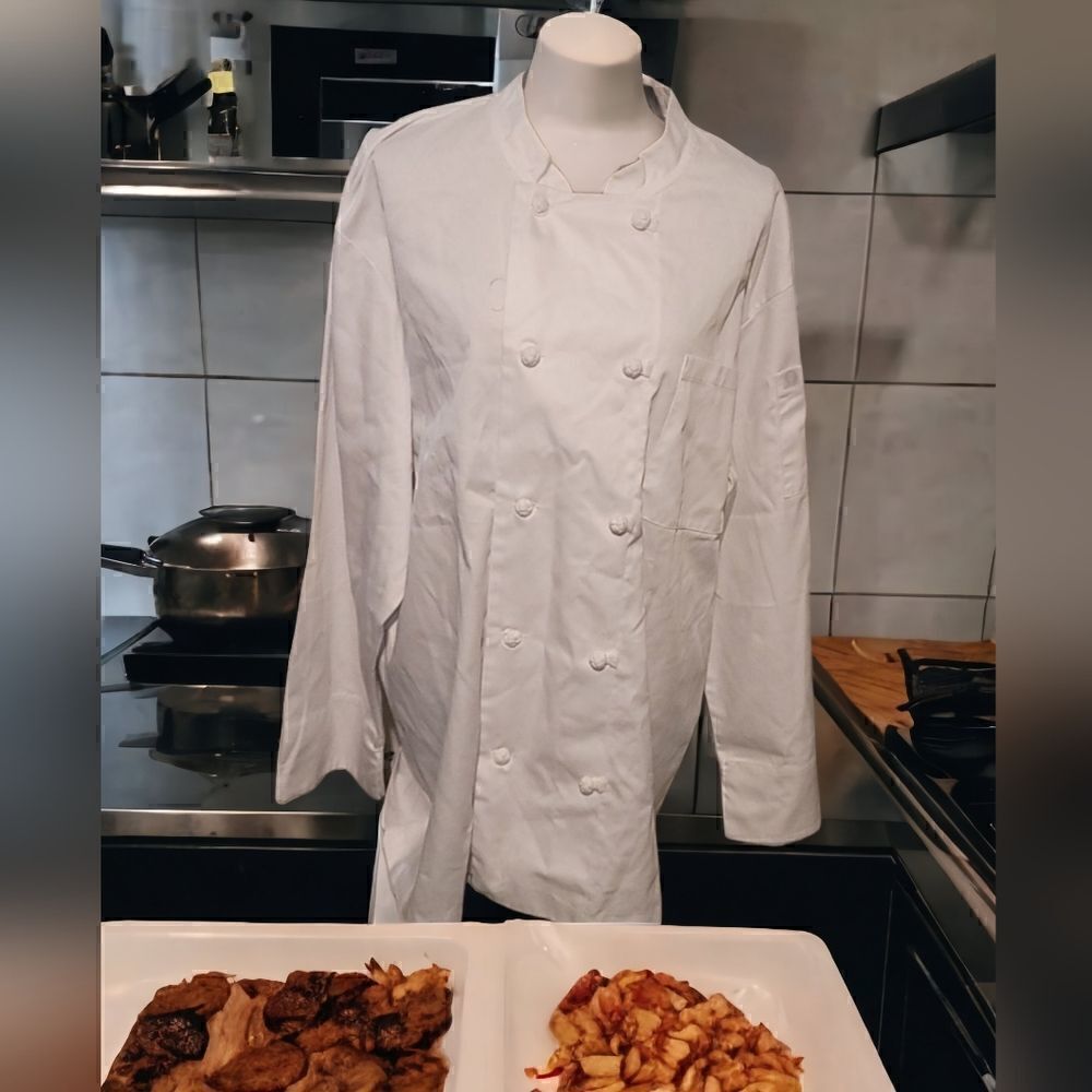 Double-Breasted Chef Coat with French Knot Closures - White